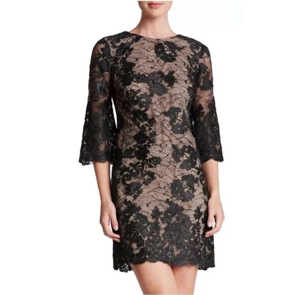 Dress the Population Melody Floral Lace Bell Sleeve Shift Dress - Picture 1 of 10